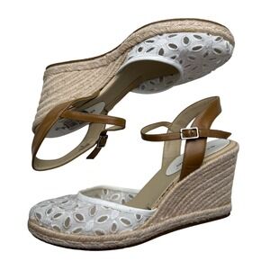Bandolino Eyelet Espadrille Wedge Sandals Coastal Cottagecore Boho White Tan 9.5